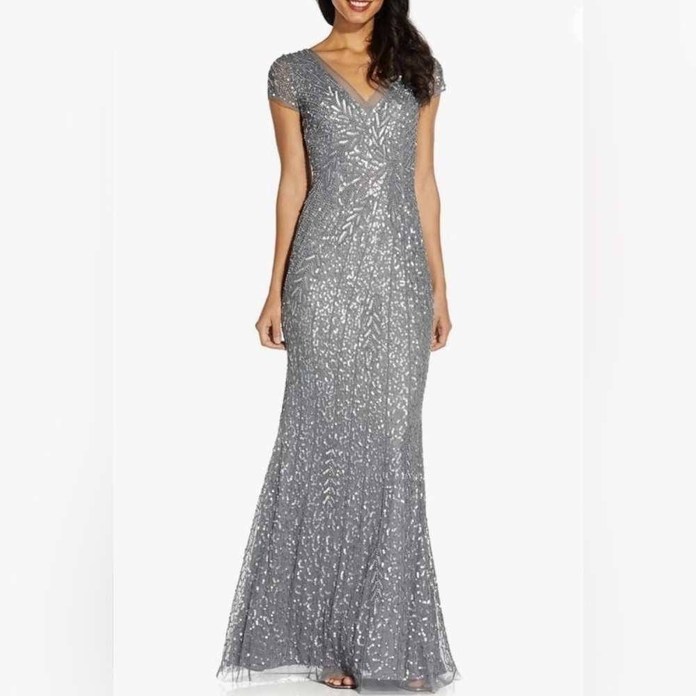 Adrianna Papell BEADED MERMAID EVENING DRESS - Sterling